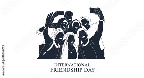 Group of diverse friends taking a selfie together for International Friendship Day.