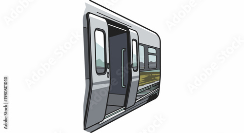 A stylized train carriage with open doors reveals tracks and distant hills