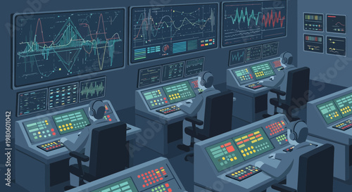 High-Tech Control Center with Operators Monitoring Digital Communication Signals and Data Waves Vector Illustration