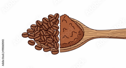 A wooden spoon displays whole coffee beans and ground coffee
