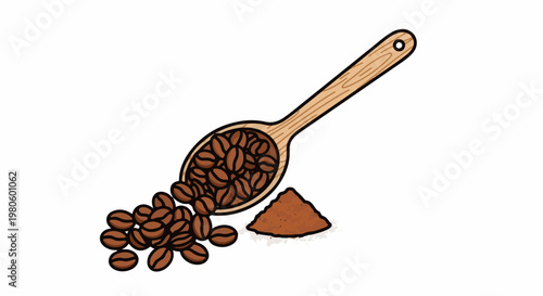 Spoon overflowing with coffee beans next to pile of grounds
