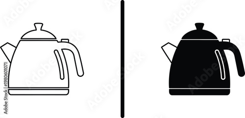 A simple black and white illustration of two tea kettles side by side