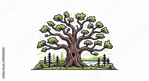 Enormous, ancient tree with sprawling branches over a peaceful lakeside scene