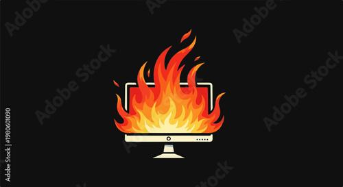 A computer monitor is engulfed in bright, intense flames against a black background
