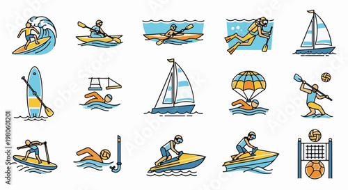 Diverse water and beach activities depicted in colorful icons