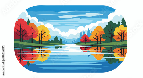 Autumn landscape with colorful trees reflected in a calm lake under a cloudy sky