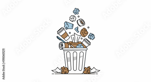 Overflowing trash bin filled with crumpled papers, cups, and pens