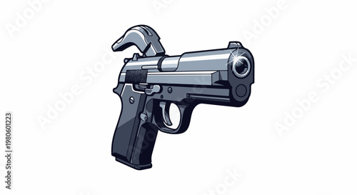 Metallic pistol with slide back, pointed forward, reflecting light