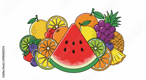 Assortment of colorful sliced and whole fruits, a vibrant, refreshing display