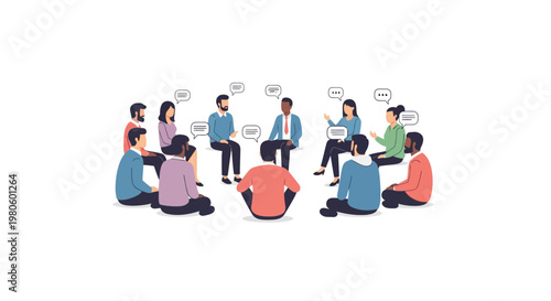 Group therapy session with diverse people sitting in a circle for support and discussion.