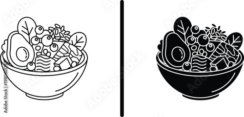 A black and white illustration of two bowls of food side by side
