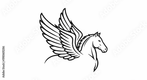 Winged horse in black outline, majestic and powerful creature soaring