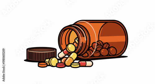 Orange pill bottle tipped over with medication spilled on white background