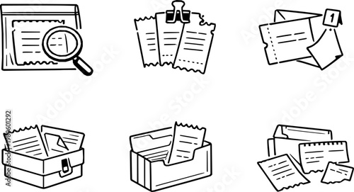 Everyday Paper Ephemera Archive Monoline Icon Set on Transparent Background