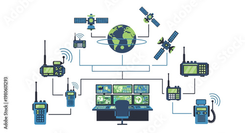 Global Communication Control Center Vector Illustration with Satellites and Walkie Talkie Radios