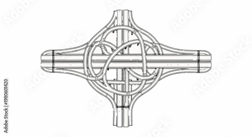 Top-down view of a complex highway interchange with cloverleaf ramps and overpasses