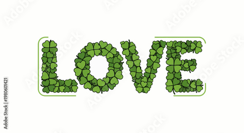 LOVE" spelled out with green clover leaves against a white background