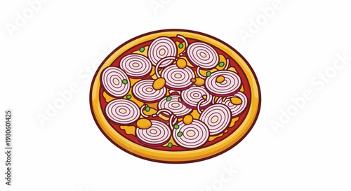 A cartoon-style whole pizza with many red onion slices, yellow peppers, and peas