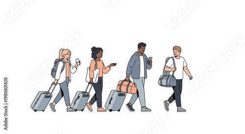 Group of diverse people walking with travel luggage and backpacks.