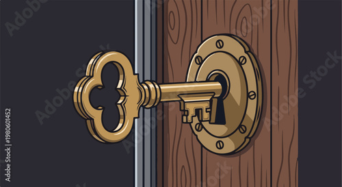 Ornate golden key inserted into a brass lock on a weathered wooden door