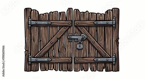 Aged wooden double doors with metal hinges, latch, and padlock