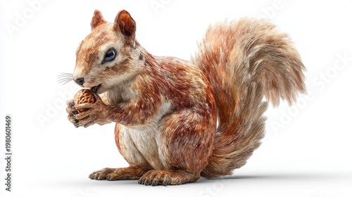 Bright squirrel statue holding a nut with realistic fur texture and glossy finish, isolated on white background with natural shadow.