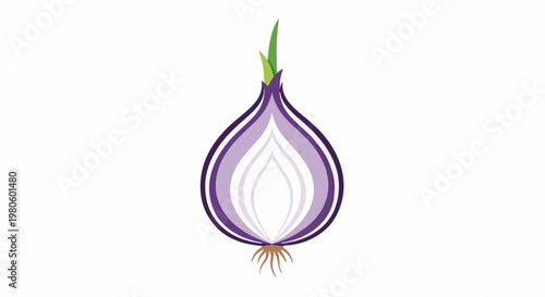 A stylized, half-cut purple onion with green sprouts and roots