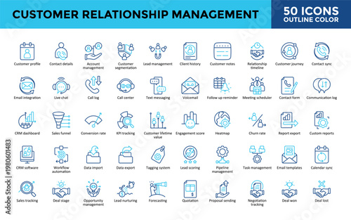 Customer Relationship Management icons set with customer profile, account management, customer segmentation, lead management, customer lifetime value icon. Simple outline color vector 
