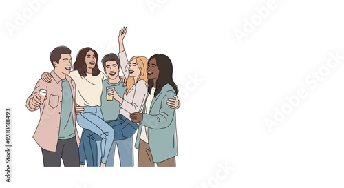 Diverse group of happy young friends standing together.