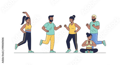 Diverse group of active people exercising and doing fitness activities.