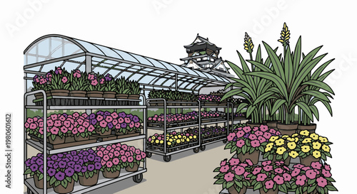 Colorful flowers bloom in a greenhouse with a castle in the background