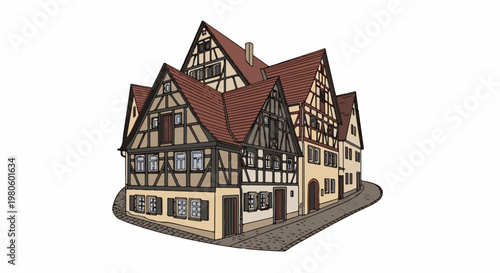 A cluster of charming, old-world, timber-framed buildings with red roofs