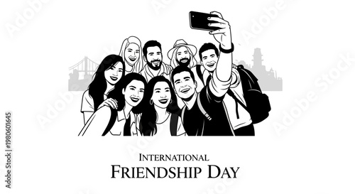 Group of diverse friends taking a selfie together for International Friendship Day.