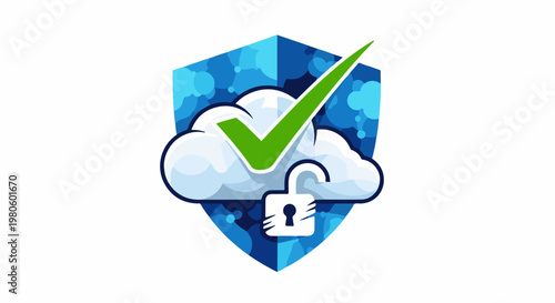Digital cloud shield with checkmark and unlocked padlock