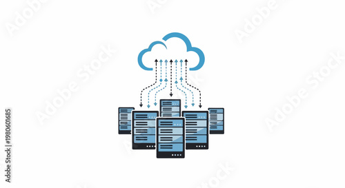 Digital data flows from servers to a stylized cloud