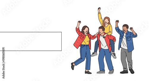 Happy group of diverse young friends cheering and celebrating together.