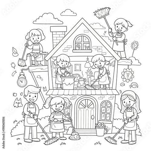 Children Cleaning House and Garden Coloring Page Illustration