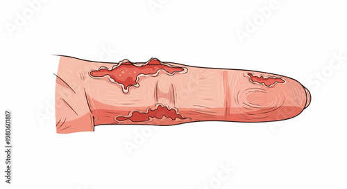 Close-up illustration of a human finger with multiple severe abrasions and open wounds