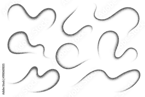 Dotted grainy pattern of wavy lines on white background. Abstract brush strokes and spray effect vector shapes. Stipple black dusty fluid splashes. Liquid dissolved curved blobs