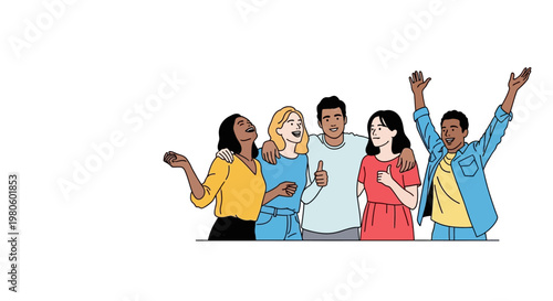 Group of diverse young friends celebrating and cheering together.