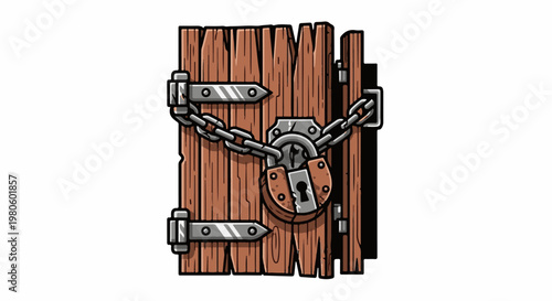 Rustic wooden door secured with a heavy chain and padlock