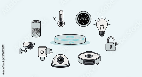 Collection of smart home devices and sensors depicted with clean lines