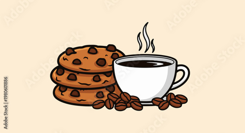A warm cup of dark coffee sits beside a stack of chocolate chip cookies