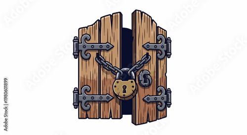 Rustic wooden doors, chained and locked, with a keyhole visible