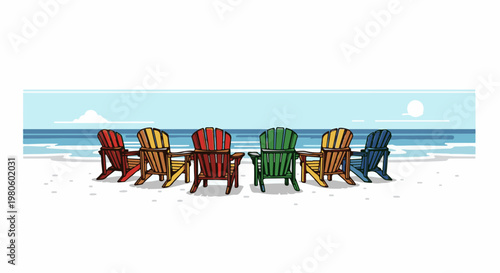 Seven colorful wooden chairs are arranged on a sandy beach facing the ocean