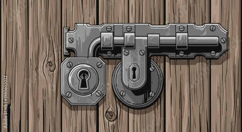 Detailed illustration of a sturdy metal lock and bolt on weathered wooden planks