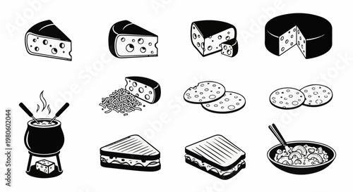 Assortment of cheese items, including wedges, fondue, sandwiches, and pasta