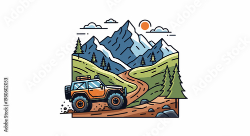 Off-road vehicle navigates a winding mountain path under a sunny sky