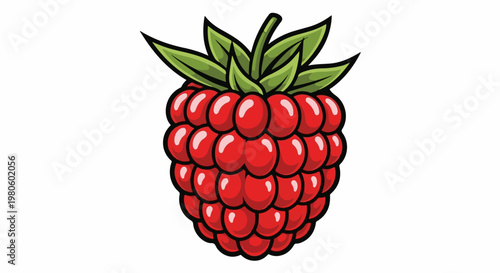 Vibrant, stylized red raspberry with green leaves on white