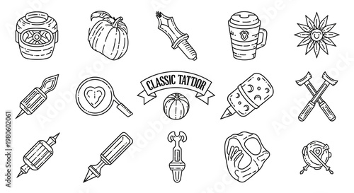 Classic Tattoo Studio Equipment and Design Elements Collection